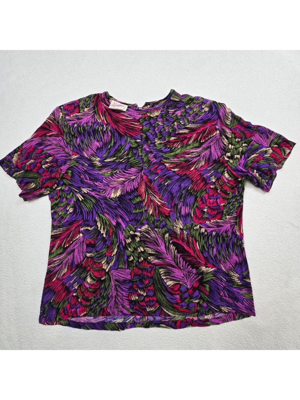 Vtg Laurissa Rayon Blouse Size 16 Multicolor Abstract Feather Print Short Sleeve